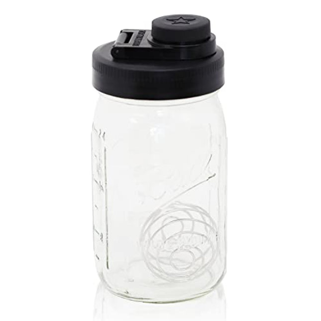 Brewing America Mason Jar Shaker Bottle, Glass Mixer Perfect as Workout Protein Shaker, Glass Water Bottle, Baby Formula Mixer, 32-Ounce Wide Mouth Jar with Plastic Lid and Shaker Ball, Black