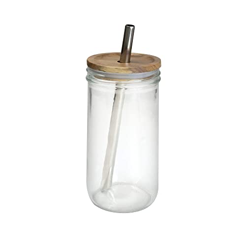  20 OZ Glass Cups with Acacia Lids and Glass Straws