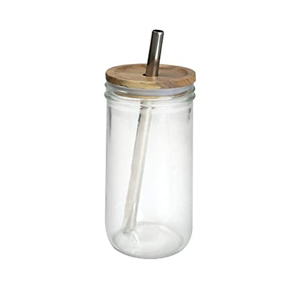 Brimley 20 oz Glass Tumbler, Reusable Smoothie Cup, Boba Bubble Tea Jar, Wide Mouth Mason Jar with Wooden Lid and Stainless Steel Straws (1 Pack - Acacia Lid)