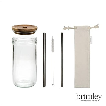 Brimley 20 oz Glass Tumbler, Reusable Smoothie Cup, Boba Bubble Tea Jar, Wide Mouth Mason Jar with Wooden Lid and Stainless Steel Straws (1 Pack - Acacia Lid)
