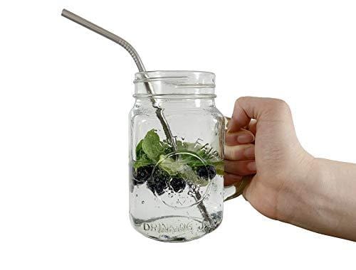 Glass Mason Jar Mug with Handle, Metal Lid and Straws