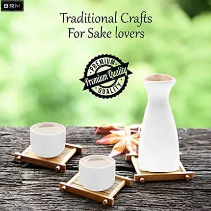 BRM Sake Set – 7 Pcs Ceramic Carafe with Cup – Serving Set with Sake Glasses – Elegant and Minimalist Design – Durable and Easy to Wash – Ideal for Friends and Family (White Triangle W/Black Tray)