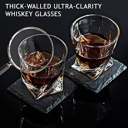 Whiskey Decanter Set with 2 Low-Ball Crystal Glasses, Chilling Whiskey Stones, 2 Stone Drink Coasters and Wood Storage Gift Box, Cocktail Glass Bourbon Old Fashioned Tumblers, Bar Accessories for Men