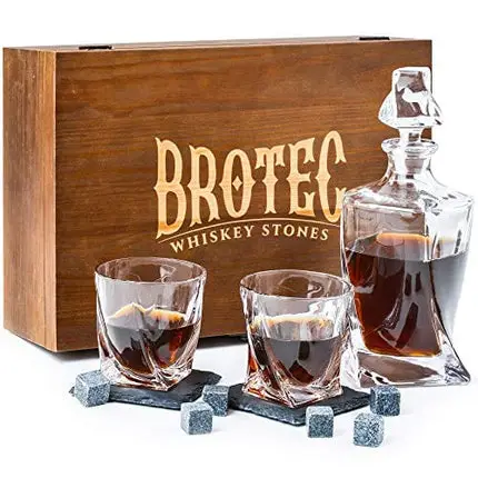 Whiskey Decanter Set with 2 Low-Ball Crystal Glasses, Chilling Whiskey Stones, 2 Stone Drink Coasters and Wood Storage Gift Box, Cocktail Glass Bourbon Old Fashioned Tumblers, Bar Accessories for Men
