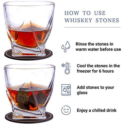 Whiskey Glass Set of 2 - Whyskey Rocks Chilling Stones & 2 Bourbon Glasses For Men or Women - Large 10oz No Lead Crystal Whiskey Glass And Stone Set - Premium Glassware in Wooden Box