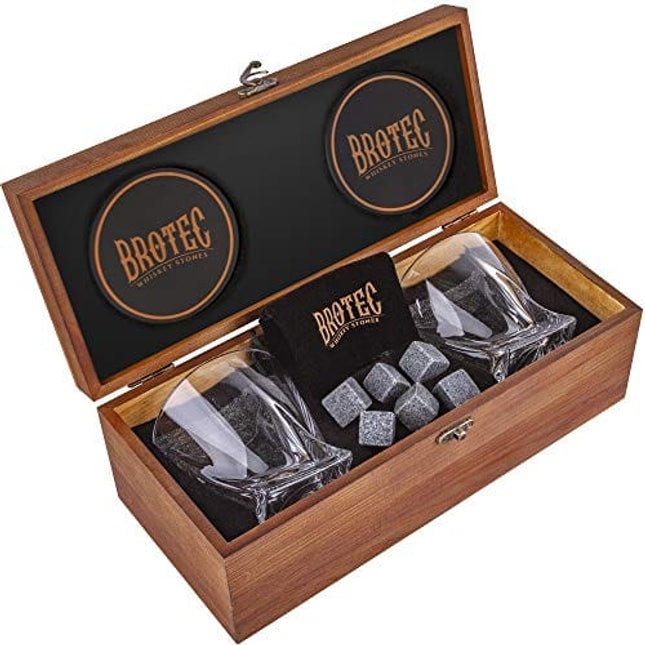Whiskey Glass Set of 2 - Whyskey Rocks Chilling Stones & 2 Bourbon Glasses For Men or Women - Large 10oz No Lead Crystal Whiskey Glass And Stone Set - Premium Glassware in Wooden Box