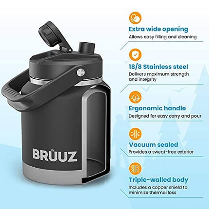 BRUUZ Big Aussie Growler | 84oz | Multi-use Stainless Steel Water Bottle | Vacuum Insulated Thermos | Wide Mouth for Clean + Fill | Easy Pour | Big Carry Handle | Cold 24hrs+ | Hot 12hrs+ | Ice 48hrs+