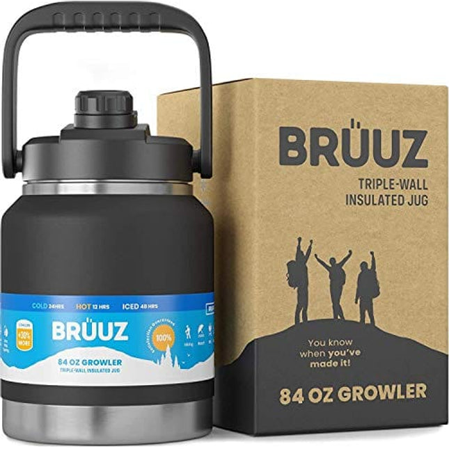 BRUUZ Big Aussie Growler | 84oz | Multi-use Stainless Steel Water Bottle | Vacuum Insulated Thermos | Wide Mouth for Clean + Fill | Easy Pour | Big Carry Handle | Cold 24hrs+ | Hot 12hrs+ | Ice 48hrs+