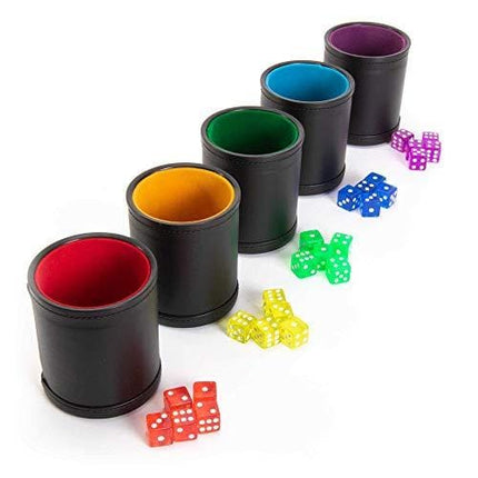 Game Night Pack, Assorted Colors - 5 Professional Shaker Cups with Velvet Felt-Lined Interior, Quality Bicast Leather Exterior & 25 Multicolored Translucent Dice - Red, Yellow, Green, Blue, & Purple