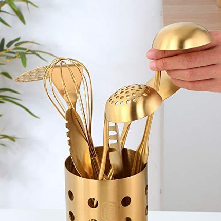 Buyer Star 18/8 Stainless Steel Kitchen Utensil Set - 7 piece Kitchen Gadgets, Small Ladle,Small Skimmer Spoon, Bread Tong, Whisk, Potato Masher, Rice Spoon and Utensil Holder(Gold)