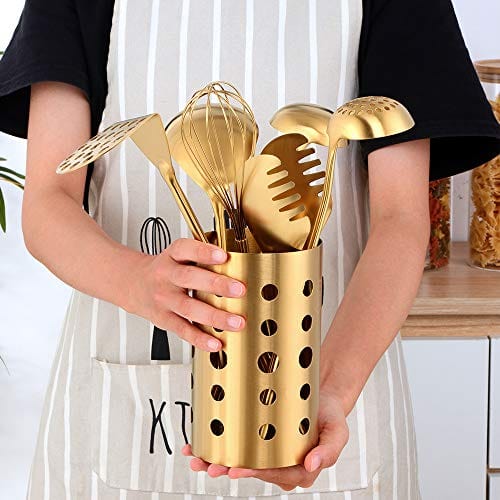 White and Gold Cooking Utensils with Holder - 18 PC Gold Kitchen