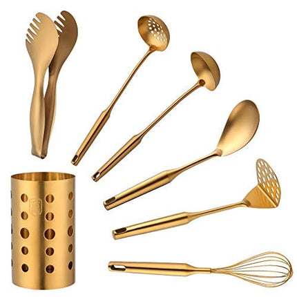 Buyer Star 18/8 Stainless Steel Kitchen Utensil Set - 7 piece Kitchen Gadgets, Small Ladle,Small Skimmer Spoon, Bread Tong, Whisk, Potato Masher, Rice Spoon and Utensil Holder(Gold)
