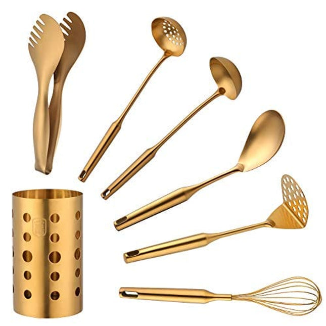 Buyer Star 18/8 Stainless Steel Kitchen Utensil Set - 7 piece Kitchen Gadgets, Small Ladle,Small Skimmer Spoon, Bread Tong, Whisk, Potato Masher, Rice Spoon and Utensil Holder(Gold)