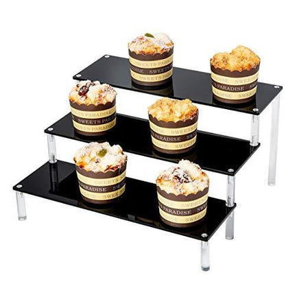 Black 3 Tier Acrylic Cupcake Display Stand, Collection Organizer Shelf, Desserts Holder, Collections Organizer and Cosmetic Items Display Risers ( 1 Pack - 12" x 10.2" x 6.3" )