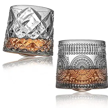 C CHATEAU TROUVAILLE Tilting Crystal Whiskey Glasses 10.8 oz Set of 2, Big Size Rotatable Drinking Bourbon Glasses, Stress & Anxiety relief Tumbler For Scotch , Cocktails, Coffee , Father's Day Gift