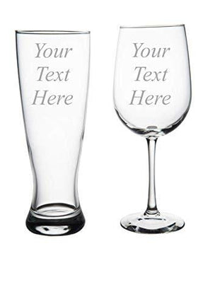 Custom Etched 19 oz Wine Glass and 23 oz. Pilsner, you choose your text and font