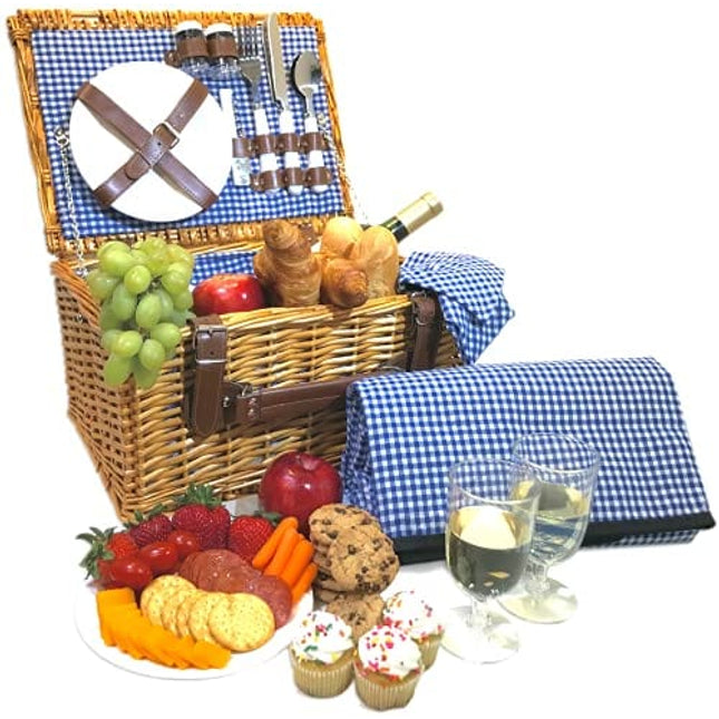 Picnic Basket Set - 2 Person Picnic Hamper Set - Waterproof Picnic Blanket Ceramic Plates Metal Flatware Wine Glasses S/P Shakers Bottle Opener Blue Checked Pattern Lining Picnic Set | Picnic Tote
