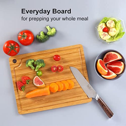 Caperci Bamboo Cutting Board (14'' x 11'') with Juice Groove - Better Kitchen Chopping Board for Meat (Butcher Block) Cheese & Vegetables, Easy Grip Hanging Hole