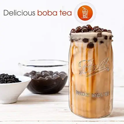 Reusable Wide Mouth Smoothie Cups Boba Tea Cups Bubble Tea Cups with Lids and Silver Straws Ball Mason Jars Glass Cups (2-pack, 32 oz mason jars) Brand Capsule Classic
