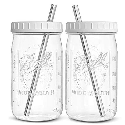 Reusable Wide Mouth Smoothie Cups Boba Tea Cups Bubble Tea Cups with Lids and Silver Straws Ball Mason Jars Glass Cups (2-pack, 32 oz mason jars) Brand Capsule Classic