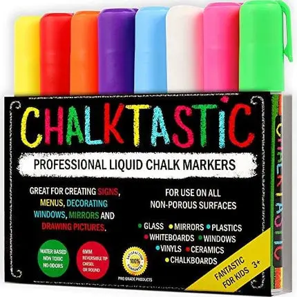 Chalk Markers by Fantastic ChalkTastic Best for Kids Art, Chalkboard Labels, Menu Board Bistro Boards, 8 Glass Window Markers, non-toxic Erasable Liquid Pens Chisel or Fine Tip, Neon Colors plus White
