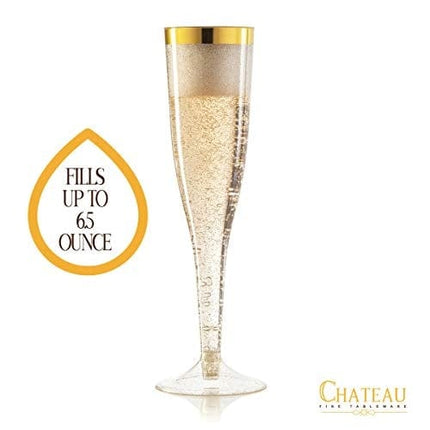 Plastic Champagne Flutes Disposable - Gold Glitter with a Gold Rim - [1 Box of 36] 6.5 Oz Premium Toasting Flutes, Elegant Stylish Mimosa Glasses Perfect for Weddings Anniversaries and Catered Events