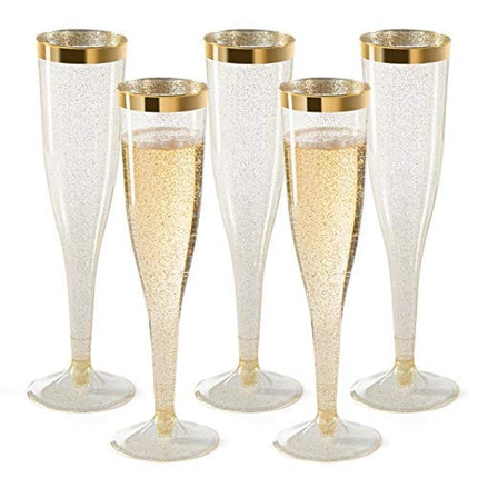 Plastic Champagne Flutes Disposable - Gold Glitter with a Gold Rim - [1 Box of 36] 6.5 Oz Premium Toasting Flutes, Elegant Stylish Mimosa Glasses Perfect for Weddings Anniversaries and Catered Events
