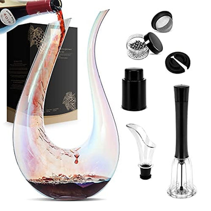 Wine Decanter Set, Red Wine Iridescent Carafe With Bottle Opener, Stopper, Cleaning Beads and Wine Pour, Colorful Wine Aerator Gift Set Wine breather, 100% Lead-free Crystal Glass Wine Accessories