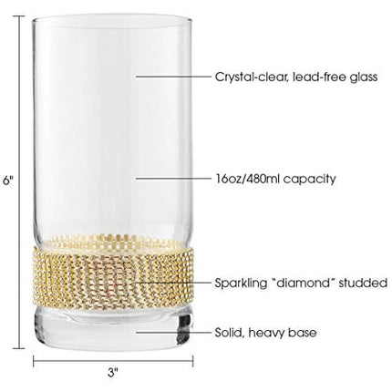 Cheer Collection Luxurious Highball Cocktail Glasses - Sparkling Diamond Studded Collins Glass - 16oz, Set of 6