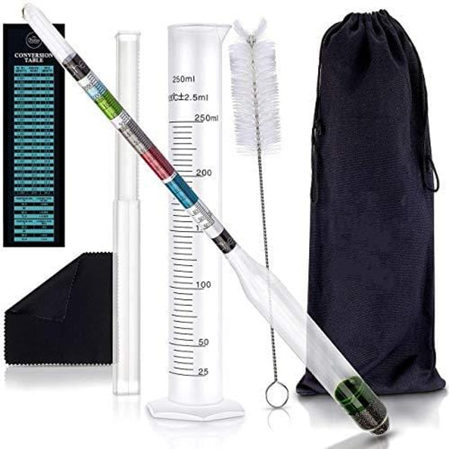 Chefast Hydrometer and Test Jar for Wine, Beer, Mead and Kombucha - Combo Kit of Triple-Scale Hydrometer, 250ml Plastic Cylinder, Cleaning Brush, Cloth and Storage Bag