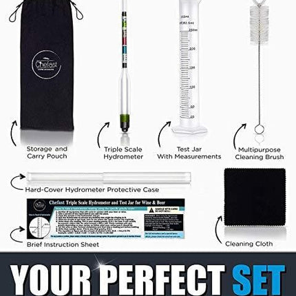 Chefast Hydrometer and Test Jar for Wine, Beer, Mead and Kombucha - Combo Kit of Triple-Scale Hydrometer, 250ml Plastic Cylinder, Cleaning Brush, Cloth and Storage Bag