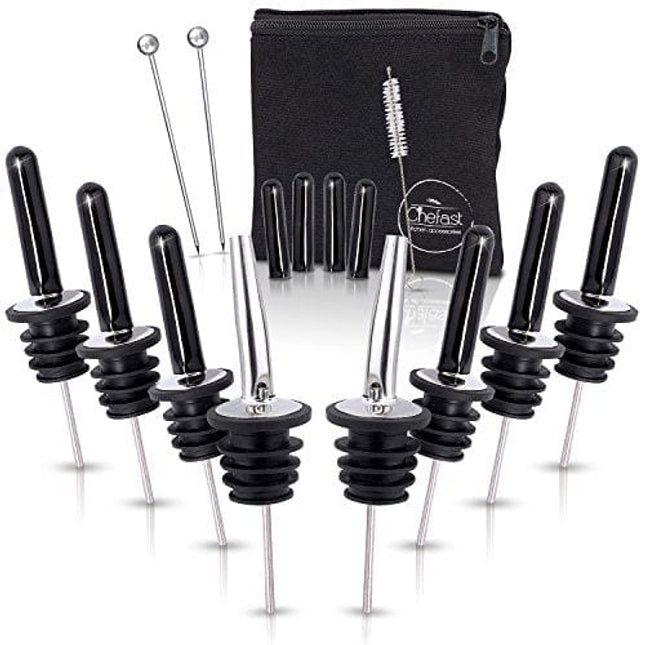 Chefast Bottle Pourers Set: 8 Stainless Steel Pour Spouts, 10 Long Dust Cap, 2 Cocktail Picks, Brush and Storage Bag - Metal Toppers for Liquor Spout Pourer, Oil and Vinegar Dispenser