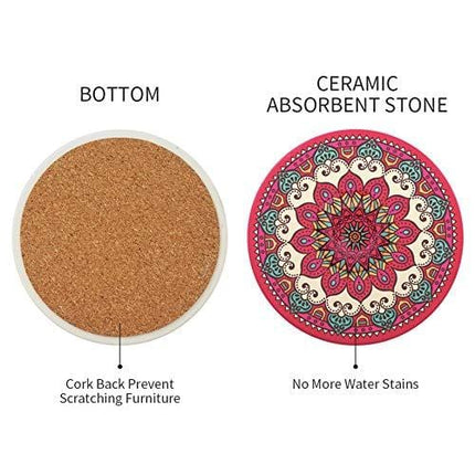 CHEFBEE Set of 8 Coaster for Drinks Absorbent Mandala Ceramic Coasters with Cork Base, Metal Holder, Stone Coasters Set for Wooden Table, Great Home and Dining Room Decor, Housewarming Gift