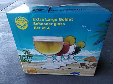 Chefcaptain Schooner Beer Glass - 21.5 Oz Extra Large Goblet Crystal Style ZERO LEAD Shrimp Cocktail, Coronaritas, Margaritas 4 PACK