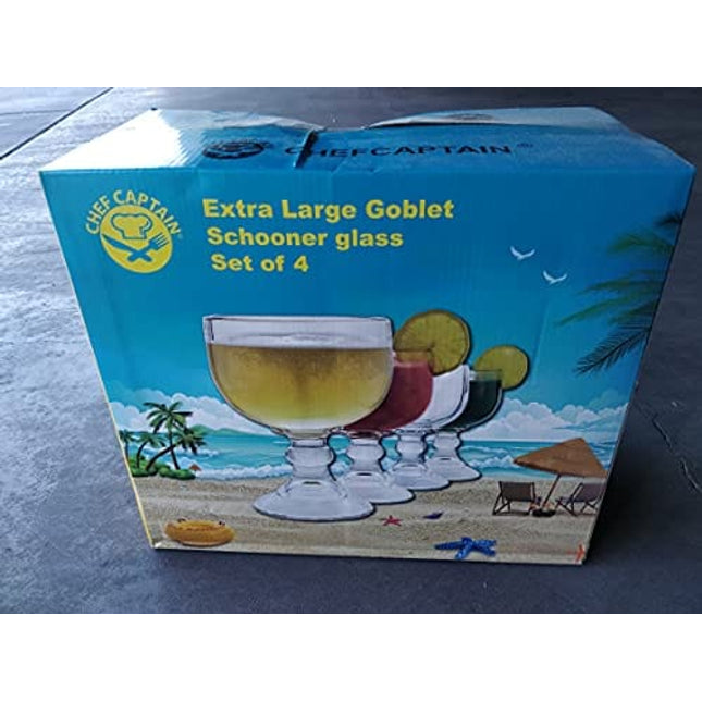 Chefcaptain Schooner Beer Glass - 21.5 Oz Extra Large Goblet Crystal Style ZERO LEAD Shrimp Cocktail, Coronaritas, Margaritas 4 PACK