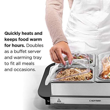 Chefman Electric Buffet Server + Warming Tray w/Adjustable Temperature & 3 Chafing Dishes, Hot Plate Perfect for Holidays, Catering, Parties, Events & Home Dinners, 14" x 14" Surface, Stainless Steel