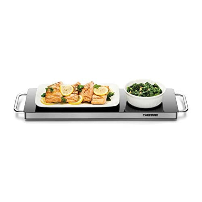 Chefman Long Electric Warming Plate Heating Element, Prep Food for Parties, Stainless Steel Frame & Tempered Glass Surface, Buffet at Home, for Trays & Dishes, Cool-Touch Handles, Black