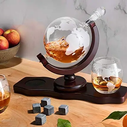 Chefoh Glass Globe Decanter Set w/ Whiskey Glasses, Reusable Stone Ice Cubes, Cherry Wood Stand, Tongs, Pour Funnel | Liquor, Wine, Scotch | Vintage Home, Dining, Bar Decor
