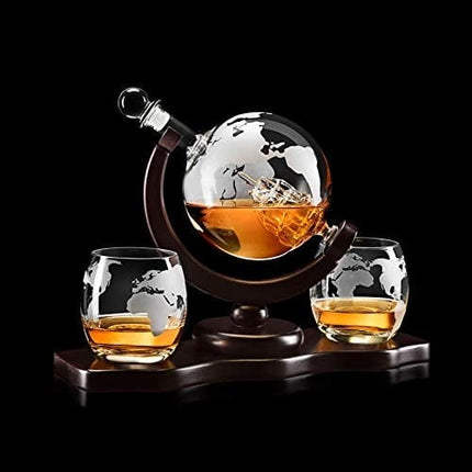 Chefoh Glass Globe Decanter Set w/ Whiskey Glasses, Reusable Stone Ice Cubes, Cherry Wood Stand, Tongs, Pour Funnel | Liquor, Wine, Scotch | Vintage Home, Dining, Bar Decor