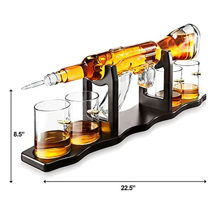 Chefoh Gun AK Rifle Whiskey Decanter and Glasses Gift Set - 1000ml 22.5" - 4 Bullet Etched Glasses - Vintage Glass Dispenser For Scotch Whisky, Bourbon Liquors - Unique, Novelty, Personalized Gift