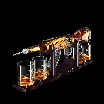 Chefoh Gun AK Rifle Whiskey Decanter and Glasses Gift Set - 1000ml 22.5" - 4 Bullet Etched Glasses - Vintage Glass Dispenser For Scotch Whisky, Bourbon Liquors - Unique, Novelty, Personalized Gift