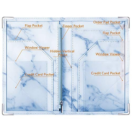 Marble Server Books Guest Check Holders with 9 Pockets Includes Zipper Pouch with Pen Holder Fit Server Apron for Restaurant Waiter Waitress (Blue, 1 Pack)