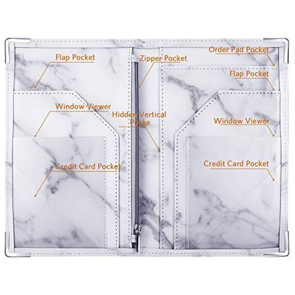 Marble Server Books Guest Check Holders with 9 Pockets Includes Zipper Pouch with Pen Holder Fit Server Apron for Restaurant Waiter Waitress (Grey, 1 Pack)