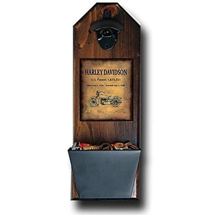 "Harley Davidson - Motorcycle Patent of Vintage Bike" Wall Mounted Bottle Opener and Cap Catcher - Made of 100% Solid Pine 3/4" Thick - Rustic Sign