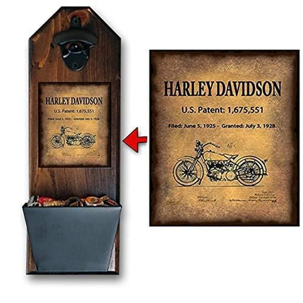 "Harley Davidson - Motorcycle Patent of Vintage Bike" Wall Mounted Bottle Opener and Cap Catcher - Made of 100% Solid Pine 3/4" Thick - Rustic Sign