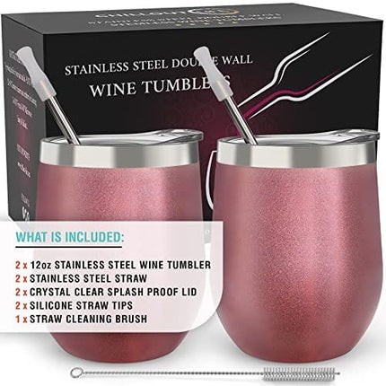 CHILLOUT LIFE Stainless Steel Wine Tumblers 2 Pack 12 oz - Double Wall Vacuum Insulated Wine Cups with Lids and Straws Set for Coffee, Wine, Cocktails (Rose Gold)
