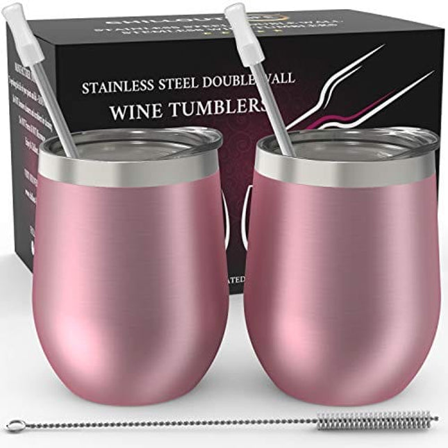 CHILLOUT LIFE Stainless Steel Wine Tumblers 2 Pack 12 oz - Double Wall Vacuum Insulated Wine Cups with Lids and Straws Set for Coffee, Wine, Cocktails (Rose Gold)