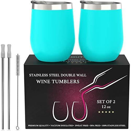 Stainless Steel Stemless Wine Tumbler 2 Pack 12 oz - Double Wall Vacuum Insulated Wine Tumbler with Lids and Straws Set of Two for Coffee, Wine, Cocktails, Ice Cream - Powder Coated Teal