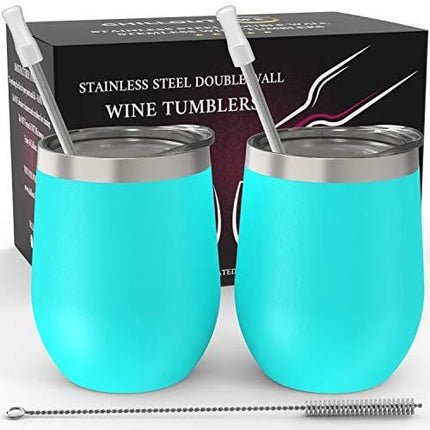 Stainless Steel Stemless Wine Tumbler 2 Pack 12 oz - Double Wall Vacuum Insulated Wine Tumbler with Lids and Straws Set of Two for Coffee, Wine, Cocktails, Ice Cream - Powder Coated Teal