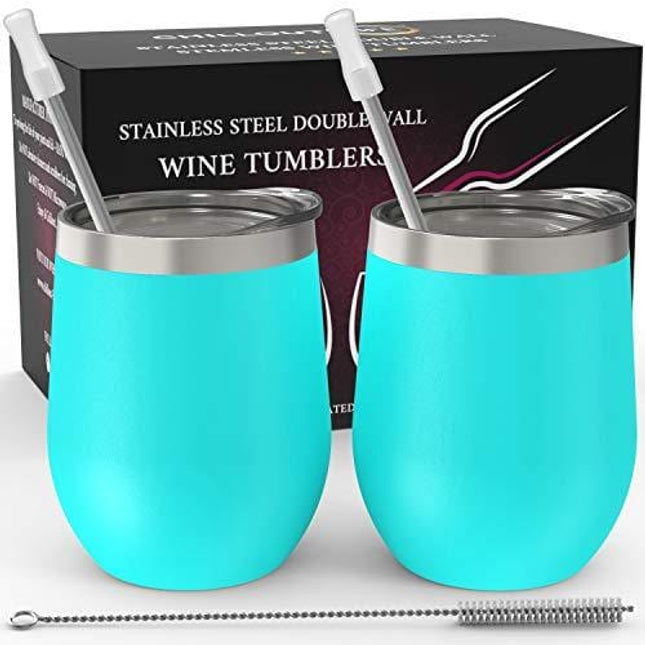 Stainless Steel Stemless Wine Tumbler 2 Pack 12 oz - Double Wall Vacuum Insulated Wine Tumbler with Lids and Straws Set of Two for Coffee, Wine, Cocktails, Ice Cream - Powder Coated Teal